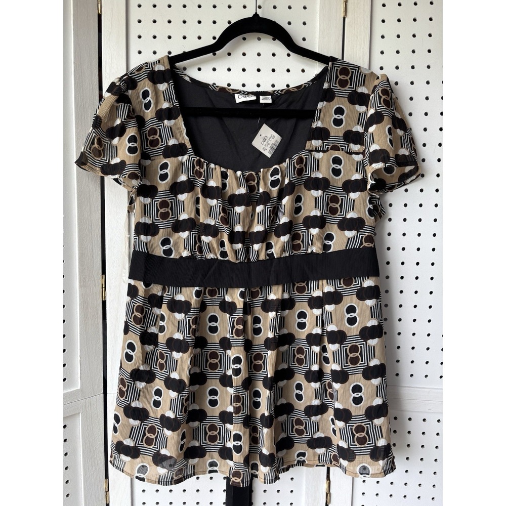 NWT Cato Short SLV Brown Black White Circles Geometric Blouse‎ Lined Women's XL